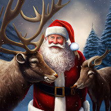Santa And Reindeers, Santa Claus And Reindeer, Holiday