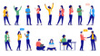 Vector people - Office workers characters in casual business clothes working on computers, cheering and talking. Flat design on white background