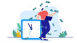 Money time - Man making income and profits in front of big clock in office. Salary hour and minute concept. Flat design cartoon vector illustration with white background