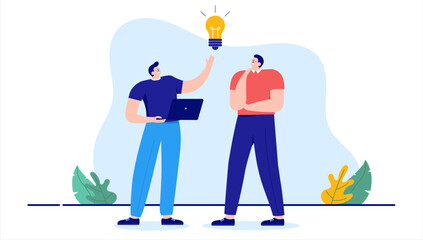 Poster - Idea - Two men working together coming up with idea, thinking and brainstorming. Flat design cartoon vector illustration with white background