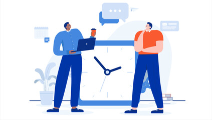 Poster - Work clock - Two diverse people talking and working in front of big timer. Work hour and time concept. Flat design vector illustration with white background.