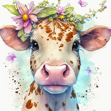 Watercolor, Baby Animals, Nursery, Nursery Decor, Wall Art, Digital Art, Ai Generated, Cow With Flowers, Floral Crown