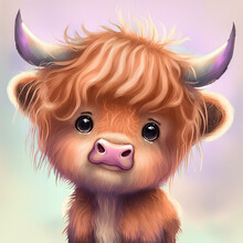 Watercolor, Baby Animals, Nursery, Nursery Decor, Wall Art, Digital Art, Ai Generated, Baby Cow, Highland Cow