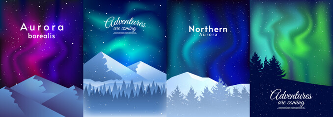 vector illustration. aurora covers, posters, brochures, design. landscapes set. flat illustration on