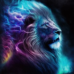 Wall Mural - Neon bright portrait of a lion in a hand drawn style.