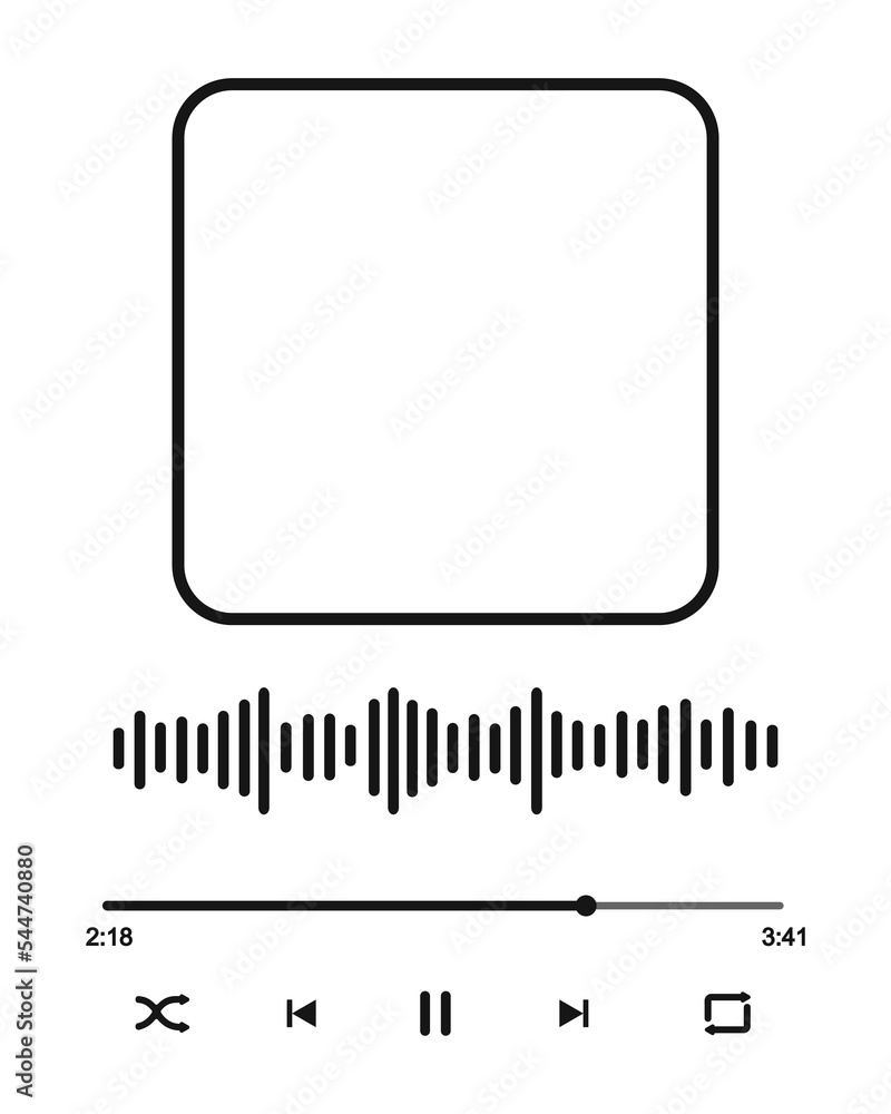 Music player interface with frame for album cover, sound wave, song loading bar with timer, buttoms shuffle, rewind, pause, fast forward, repeat. Audio player template. Vector graphic illustration Stock Vector | Adobe music-player-interface-with-frame-for-album-cover-sound-wave-song-loading-bar-with-timer-buttoms-shuffle-rewind-pause-fast-forward-repeat-audio-player-template-vector-graphic-illustration-stock-vector-adobe