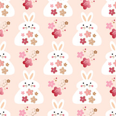 Canvas Print - Awesome  seamless pattern with cute rabbits, flowers, Daruma  Happy japanese  new  year, 20023 - year of the Rabbit. Vector  hand drawn  illustration.