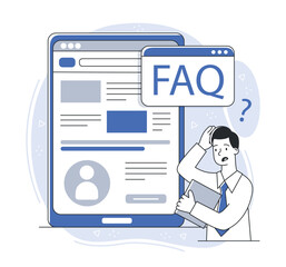 Wall Mural - FAQ website support page. Young guy looking for information and knowledge on Internet. Feedback and technical support, consultation. Poster or banner for website. Cartoon flat vector illustration