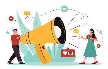 Wall Mural - promoting business concept. man and woman with loudspeaker. marketing and promotion of goods and ser