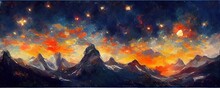 Dreamy Background Of A Colorful Landscape With Mountains And Planets In The Sky. Illustration Inspired By The Painting By Monet - Impression Sunrise. Abstract Landscape Background. Backdrop.