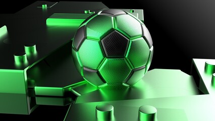 Wall Mural - Metallic Black-Green Soccer ball on Metallic Green Mechanical Plates. 3D illustration. 3D CG. High resolution.