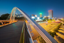 The Skyline Of Urban Buildings, Pedestrian Overpass And Highway Nightscape In Nanjing, Jiangsu Province, China