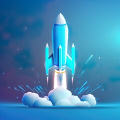 futuristic rocket takes off, on blue background. experience 3d metaverse. business start up launchin