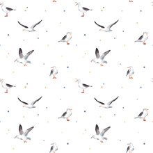 Watercolor Hand Drawn Seamless Pattern With Cute Illustration Of Flying Gull Birds, Seagulls And Colorful Dots. Marine Elements Isolated On White Background.