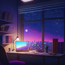 Lofi empty interior. Messy desk, window view of a night sky, anime, manga style. Colorful study lo-fi desk. Cozy chill vibe. Atmoshperic lighs. Stars 4k wallpaper.