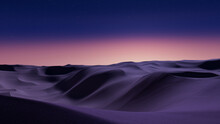 Rolling Sand Dunes Form A Peaceful Desert Landscape. Dusk Wallpaper With Pink Gradient Starry Sky.