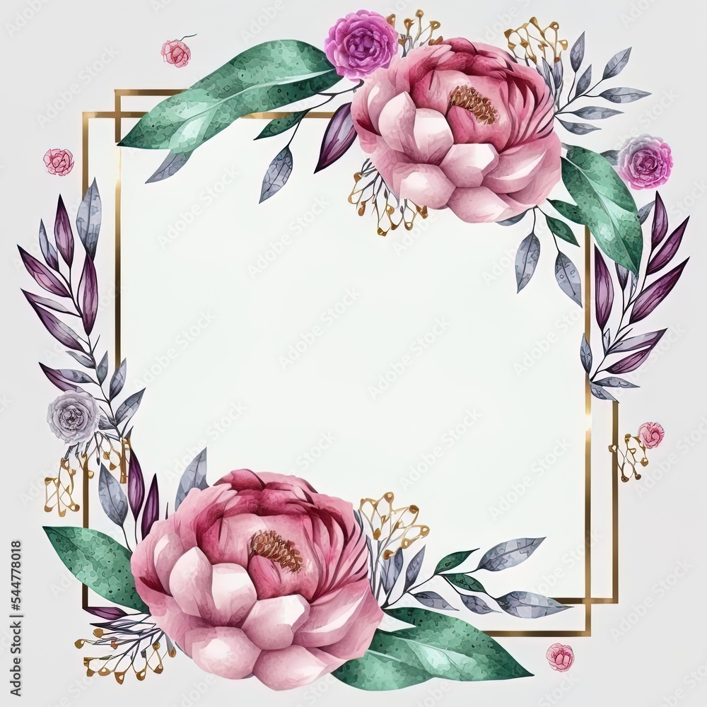 Beautiful watercolor border frame with peony,flower,foliage,branches ...
