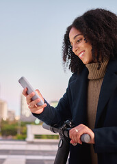 Fototapete - Happy business woman, phone or electric scooter for travel in New York, street or city for contact us or social media news. 5g network, motivation or employee with smile in success feedback or review