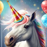 Birthday Unicorn Wearing Party Hat With Balloons in Background | Created Using Midjourney and Photoshop