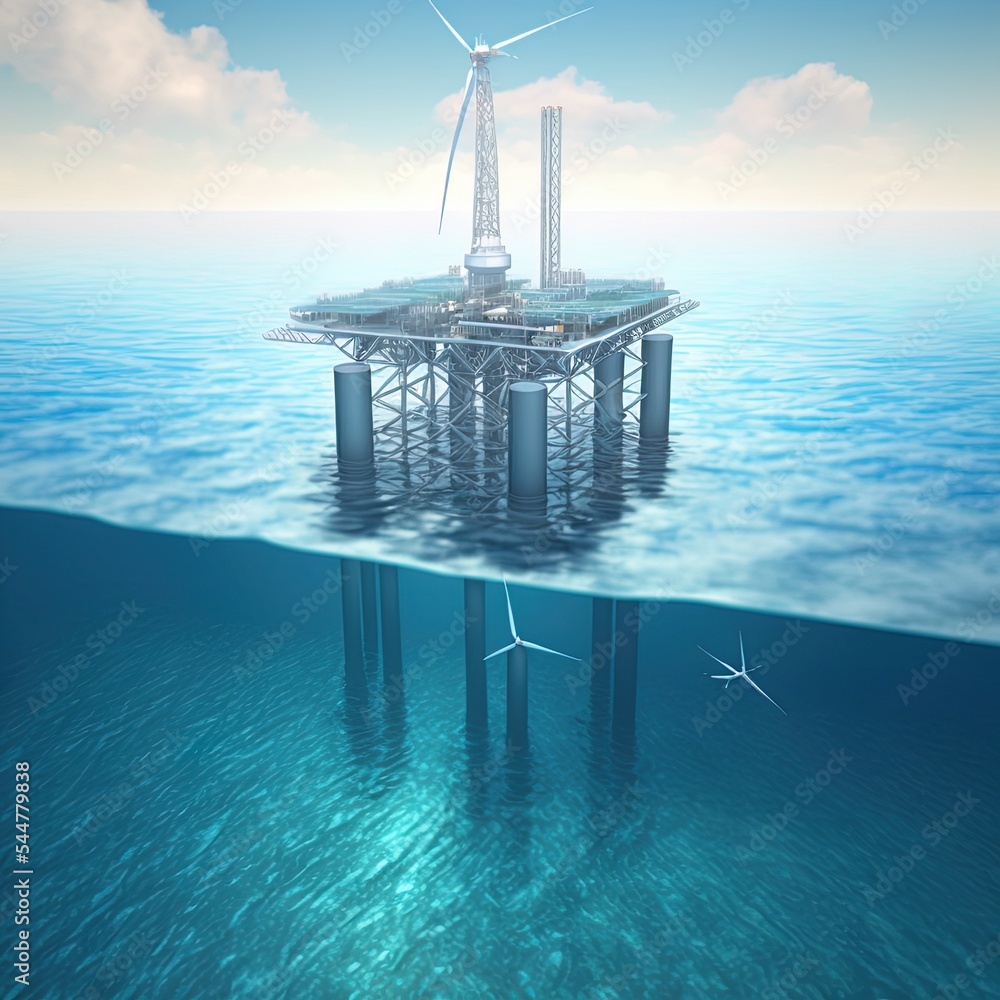 Netzero Offshore Platform Rendering Stock-Illustration „The concept of offshore hydrogen production through ...