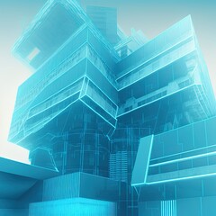 Poster - 3D rendering of a very modern upscale Blue Cyan building, Abstract 3D constructions on Cyan and haze Futuristic, 3D Rendering illustration.