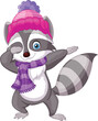 Cartoon raccoon dabbing with hat and scarf