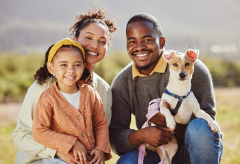 Wall Mural - Happy family, dog and portrait and a park, relax and smile while bonding in nature, calm and cheerful. Happy, black family and love with girl, pet and parents enjoying quality time in a forest