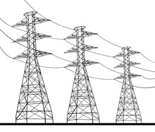 Line Drawing Illustration Of Transmission Tower Or Power Line Electricity Pylons On Isolated Background Done In Black And White. 