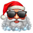 © Abstract51 - Santa claus in black glasses in cartoon funny style. Handsome cheerful santa smiles. Children's drawings and toys. Christmas logo.