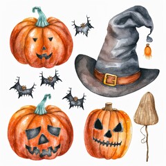 Poster - watercolor halloween isolated hats, bats and pumpkins on the white background