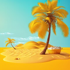 Canvas Print - Sand beach with palm tree on yellow background. Summer scene. 3d rendering