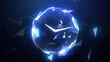 fast moving clock with spinning circle graphics on a dark blue background