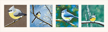 Vector Realistic Detailed Illustration Set Of Finches On Branches On Winter Branches. Winter Design Elements For Christmas, New Year, Holidays. Beautiful Birds Sitting On A Branch. Winter Background