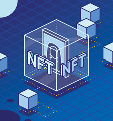 Isometric NFT. Artwork Inside of Transparent Cube. Blockchain Technology.