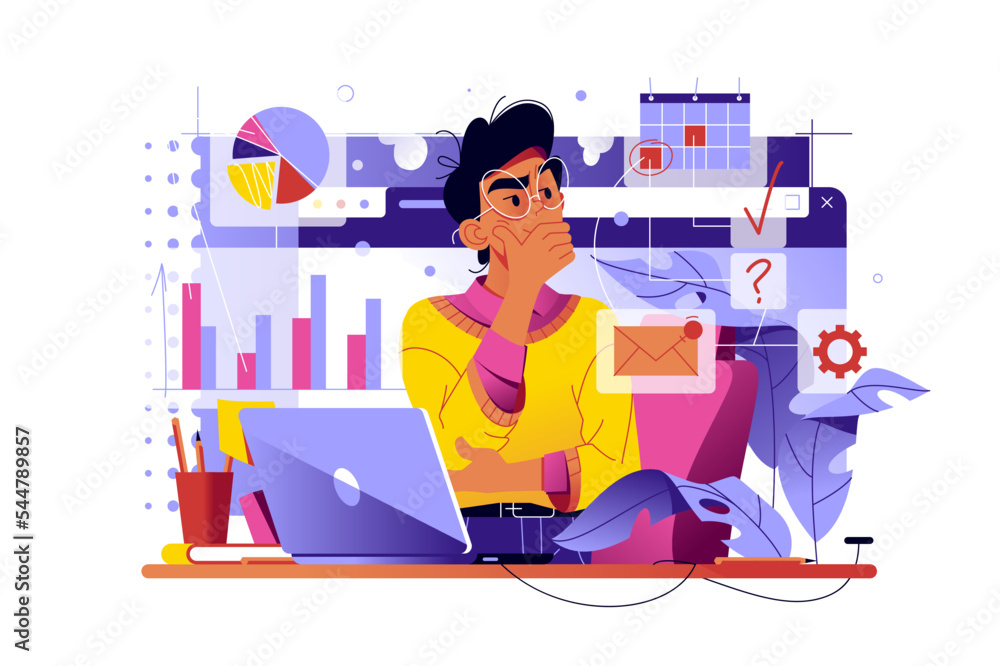Overworked Cortex Overworked man lost in thoughts Stock Vector | Adobe Stock