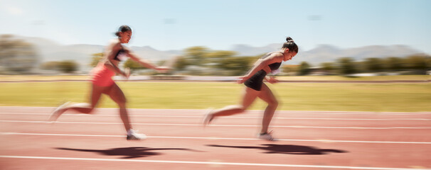 Poster - Sports, fitness and relay race with a woman athlete passing a baton to a teammate during a track race. Running, teamwork and health with a female runner and partner racing for competitive sport