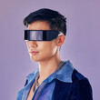 © C Haas/peopleimages.com - Cyberpunk, fashion and futuristic asian man, jewellery and clothes with cool glasses in purple mockup studio background. Aesthetic, abstract and designer sunglasses on male model with sci fi style