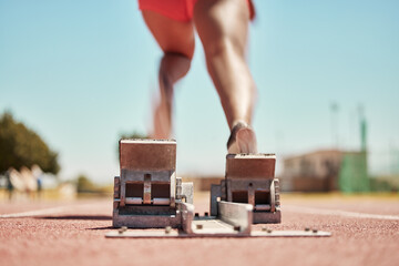 Canvas Print - Stadium, back view and runner on start blocks for sprint, race or competition outdoors. Sports, woman or black female sprinter running with energy, speed or strength for fitness, training or marathon