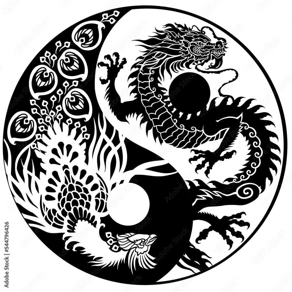 Chinese dragon and phoenix Feng Huang in the yin-yang symbol ...