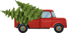 Vintage Illustration Christmas Red Truck With A Christmas Tree