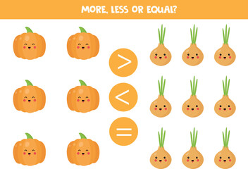 More, less or equal with cute cartoon vegetables.