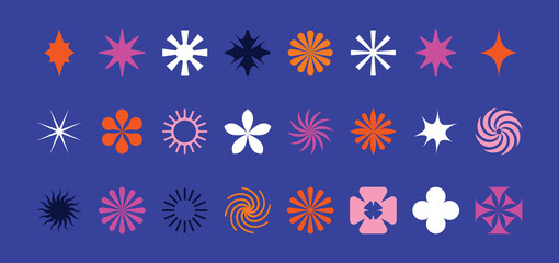 Fototapete - Vector set of minimalist brutalist design elements, futuristic shapes and geometric figures and stars - abstract background elements for branding, packaging, prints and social media posts