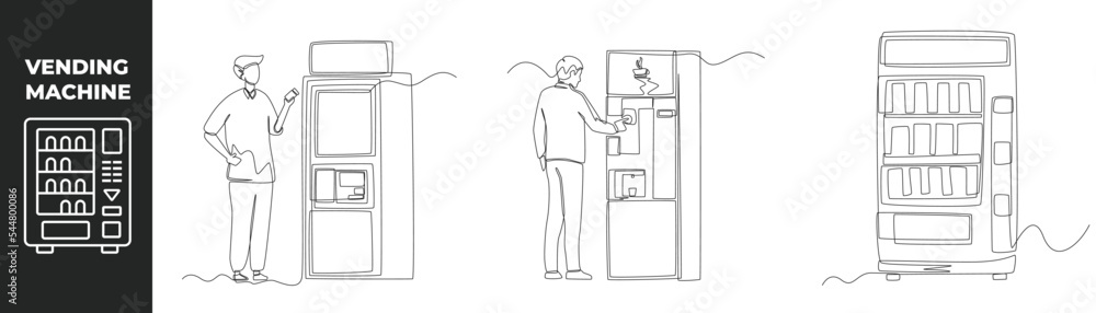 Continuous one line drawing vending machine set concept. Businessman ...