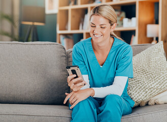 Wall Mural - Nurse, phone and happy with social media, post or funny meme on sofa in home. Woman with healthcare, medical and wellness app on mobile technology or search internet, reading news and text contact