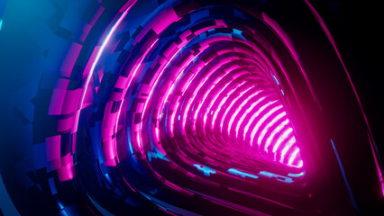 Sticker - Flying inside a blue tunnel with a red glow. 3D rendering illustration.