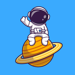 Wall Mural - astronaut sitting on planet and waving hand cartoon vector icon illustration. science technology ico