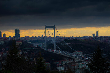 A panoramic view from Otagtepe to the Bosphorus at the sunset.Turkish flag and the FSM Bridge on the right side.