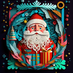 Christmas realistic 3d papercut Santa  Claus. Modern colourful paper craft art concept. Cut-out Santa Claus background wallpaper 