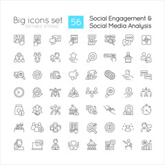 Wall Mural - Social media engagement linear icons set. Target audience involvement. Users analysis. Customizable thin line symbols. Isolated vector outline illustrations. Editable stroke. Quicksand-Light font used