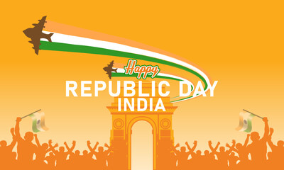 Wall Mural - Republic Day celebration poster illustration, with fighter jet illustration and Indian flag colors wavy against yellowish twilight sky background, crowd of people, gateway of india